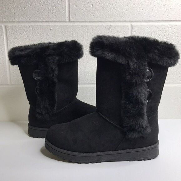 SO for Kohl's Womens Abigail Boots Faux Fur Black Slip On Button Detail Size 8 M - Picture 6 of 11